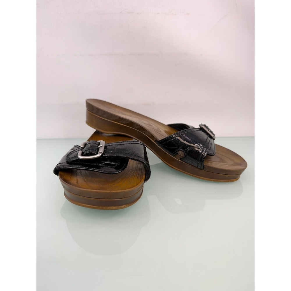 Dr. Scholl's Original Collection Black Patent Slide Sandals 8 Wood Footbed Y2K - Picture 2 of 10